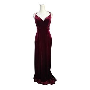 Azazie Burgundy Velvet Gown Strappy Back Festive Winter Formal Dress